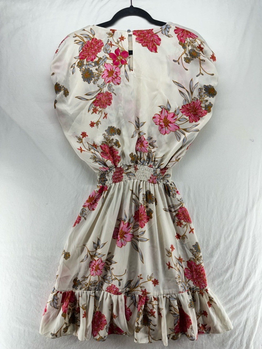 Misa Los Angeles Paulina Dress Size M Cream Pink Floral Ruffle Hem Draped Sleeve - Picture 3 of 7